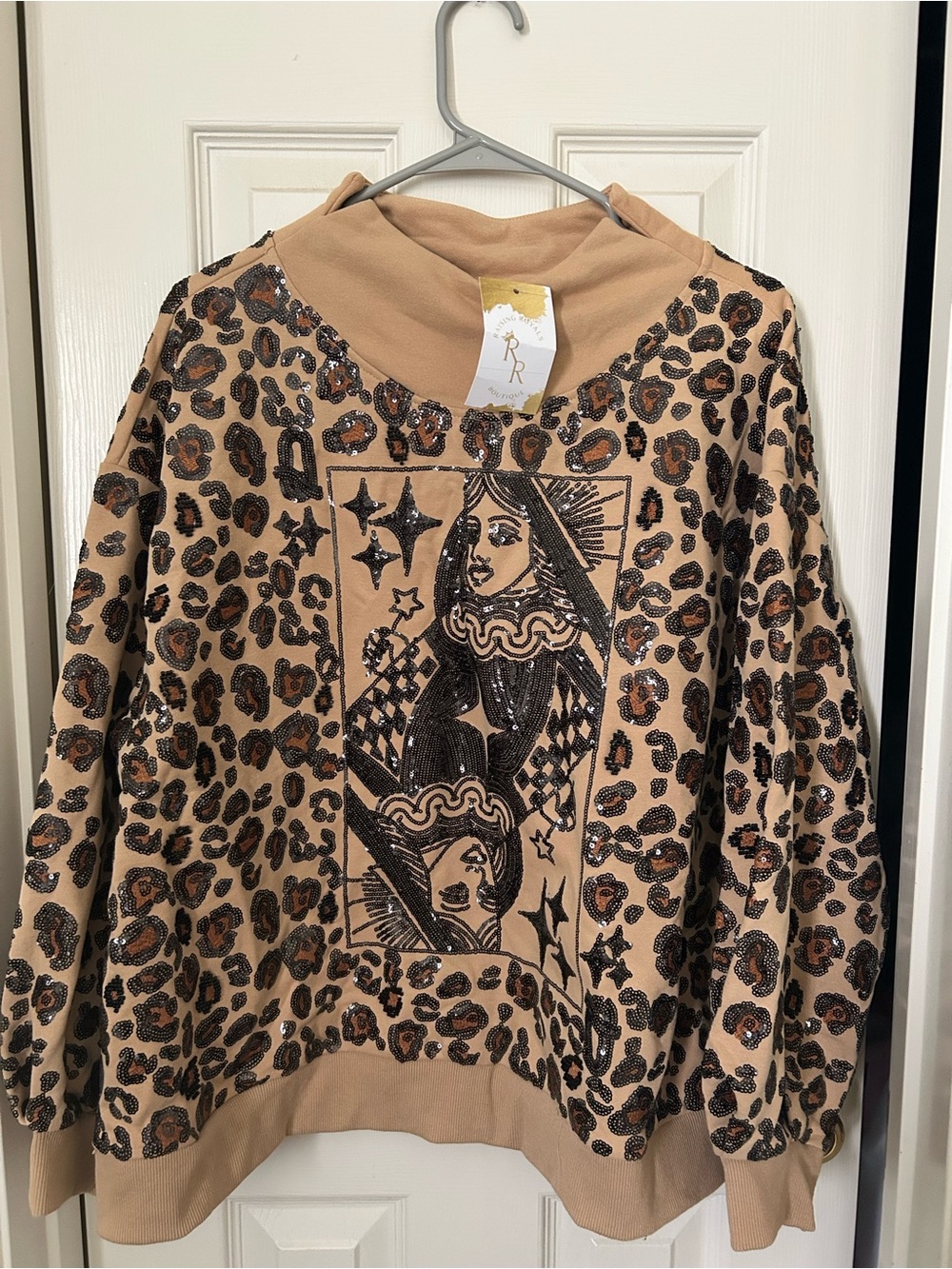 Tan Sequin Leopard Cardigan Sweater with Graphic Queen Motif